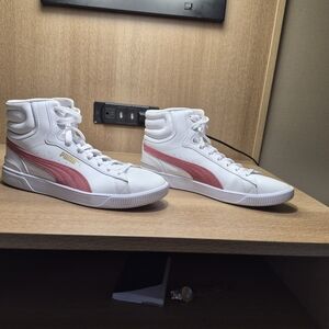 Puma White High-Top Sneakers with Pink Formstrip